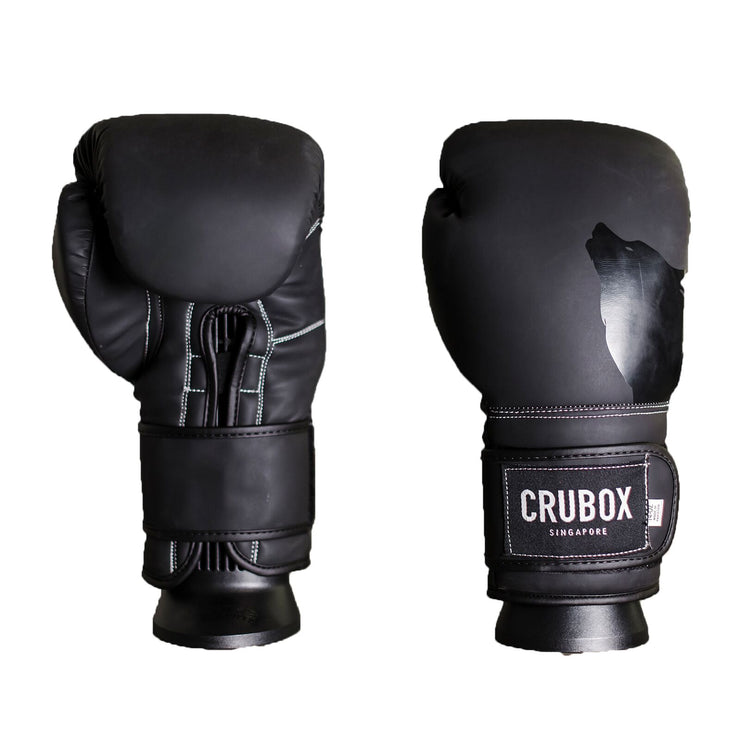 CruBox Authentic Black leather boxing gloves with dark grey wolf