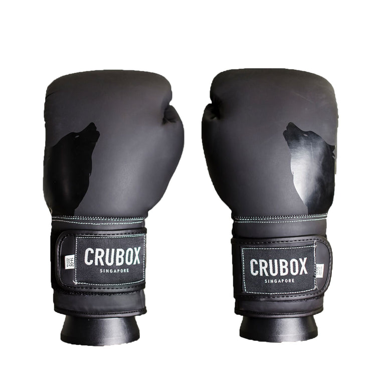 CruBox Authentic Black leather boxing gloves with dark grey wolf